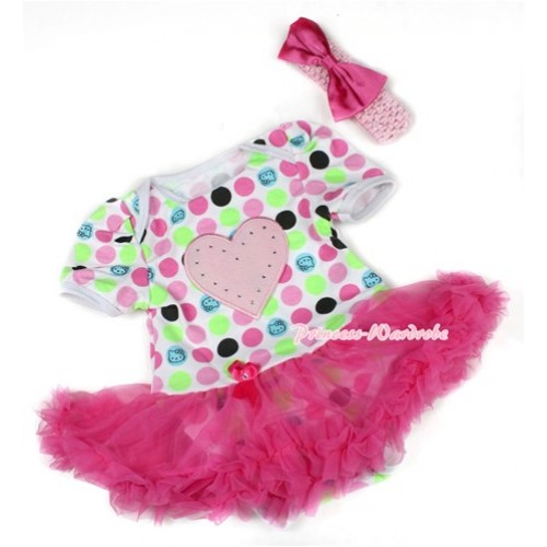 Rainbow Cat Polka Dots Baby Bodysuit Jumpsuit Hot Pink Pettiskirt With Light Pink Heart Print With Light Pink Headband Hot Pink Satin Bow JS1511 