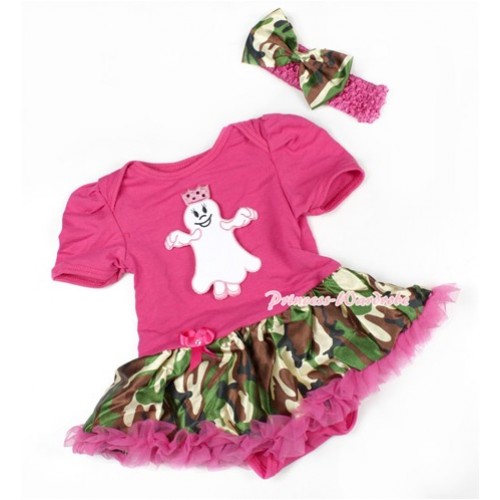 Halloween Hot Pink Baby Bodysuit Jumpsuit Hot Pink Camouflage Pettiskirt With Princess Ghost Print With Hot Pink Headband Camouflage Satin Bow JS1473 