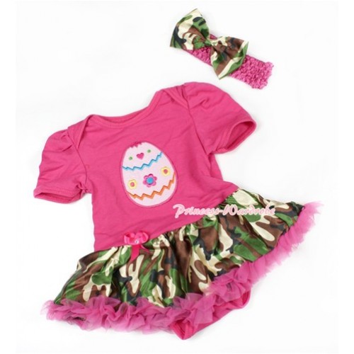 Hot Pink Baby Bodysuit Jumpsuit Hot Pink Camouflage Pettiskirt With Easter Egg Print With Hot Pink Headband Camouflage Satin Bow JS1474 