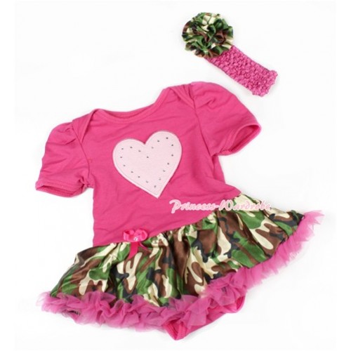Hot Pink Baby Bodysuit Jumpsuit Hot Pink Camouflage Pettiskirt With Light Pink Heart Print With Hot Pink Headband Camouflage Rose JS1476 
