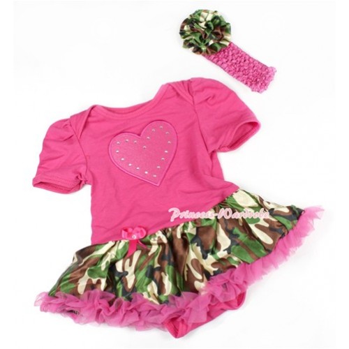 Hot Pink Baby Bodysuit Jumpsuit Hot Pink Camouflage Pettiskirt With Hot Pink Heart Print With Hot Pink Headband Camouflage Rose JS1477 