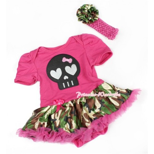 Halloween Hot Pink Baby Bodysuit Jumpsuit Hot Pink Camouflage Pettiskirt With Black Skeleton Print With Hot Pink Headband Camouflage Rose JS1479 
