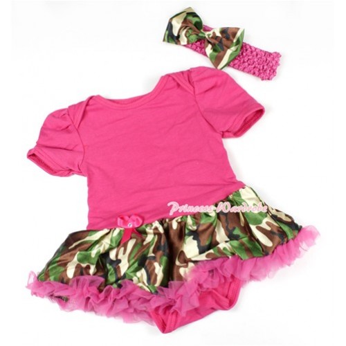 Hot Pink Baby Bodysuit Jumpsuit Hot Pink Camouflage Pettiskirt With Hot Pink Headband Camouflage Satin Bow JS1450 