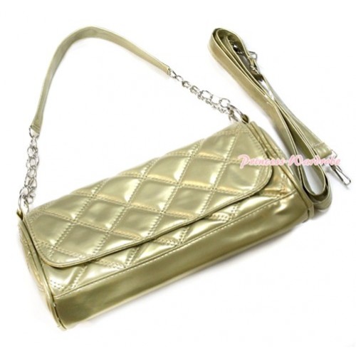 Gold Long Diamond Checked Adult Girl Women Shoulder Handbag Purse With Strap CB104 