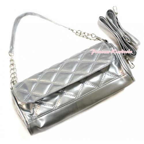 Silver Long Diamond Checked Adult Girl Women Shoulder Handbag Purse With Strap CB105 