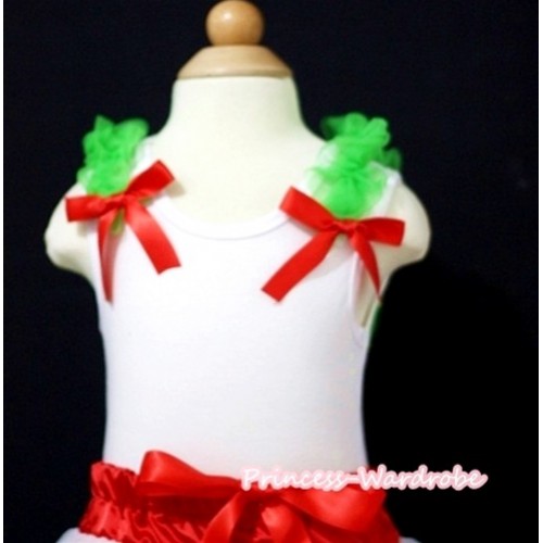 X'mas White Tank Top with Dark Green Ruffles and Hot Red Bows T417 