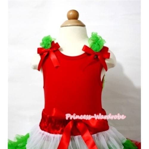 X'mas Red Tank Top with Dark Green Ruffles and Hot Red Bows T432 