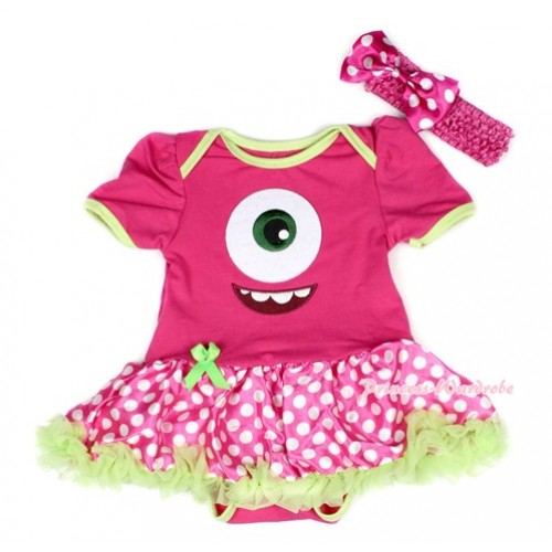 Green Brim Hot Pink Baby Bodysuit Jumpsuit Green Ruffles Hot Pink White Dots Pettiskirt With Big Eyes Monster Print With Hot Pink Headband Hot Pink White Dots Satin Bow JS1517 