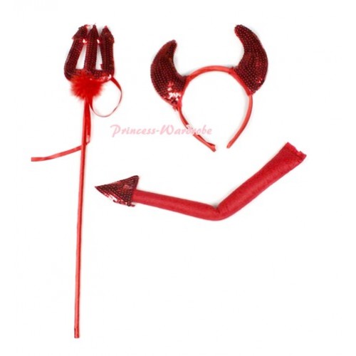 Halloween Hot Red Devil Horn In Ear Headband, Fork, Tail 3PC Set PC048 