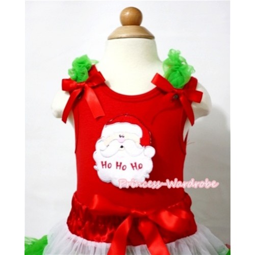 X'mas Santa Claus Print Red Tank Top with Dark Green and Hot Red Bows T394 