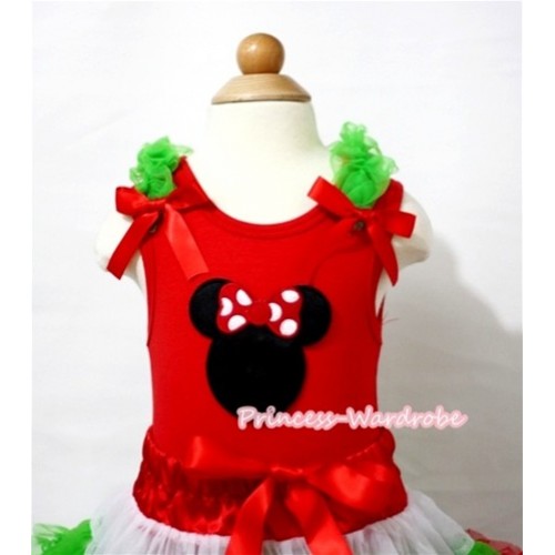 X'mas Minnie Print Red Tank Top with Dark Green Ruffles and Hot Red Bow T396 