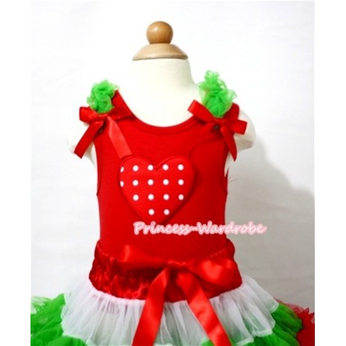 Red White Polka Dots Heart Print Red Tank Top with Dark Green Ruffles and Hot Red Bow T397 