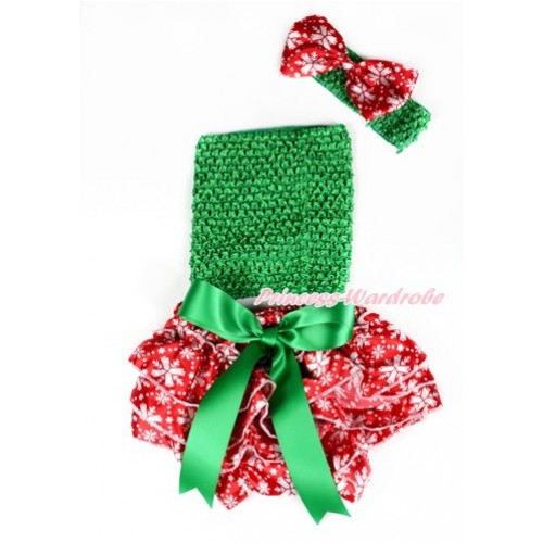 Xmas Kelly Green Bow Red Snowflakes Satin Bloomer ,Kelly Green Crochet Tube Top,Green Headband Snowflakes Bow 3PC Set CT637 