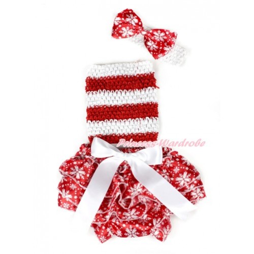 Xmas White Bow Red Snowflakes Satin Bloomer ,Red White Striped Crochet Tube Top,White Headband Snowflakes Bow 3PC Set CT638 