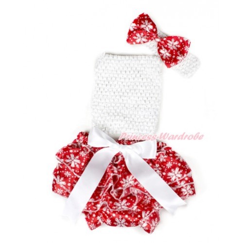 Xmas White Bow Red Snowflakes Satin Bloomer ,White Crochet Tube Top,White Headband Snowflakes Bow 3PC Set CT639 