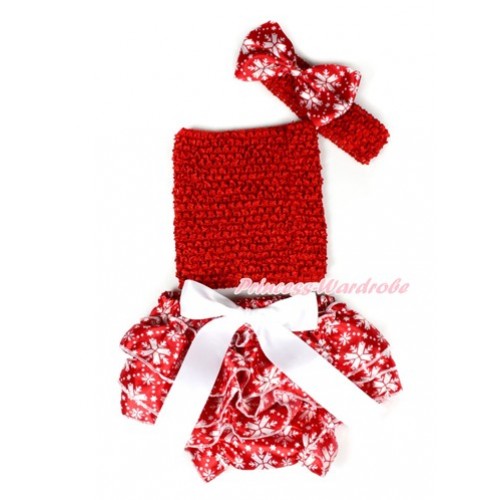 Xmas White Bow Red Snowflakes Satin Bloomer ,Red Crochet Tube Top,Red Headband Snowflakes Bow 3PC Set CT640 