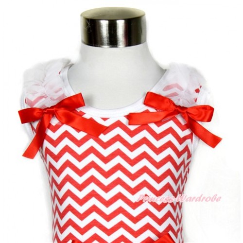 Xmas Red White Wave Tank Top with White Ruffles and Red Bows TP148 