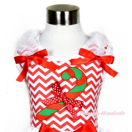 Xmas Red White Wave Tank Top With Christmas Stick Print & Minnie Dots Bow with White Ruffles & Red Bow TP149 
