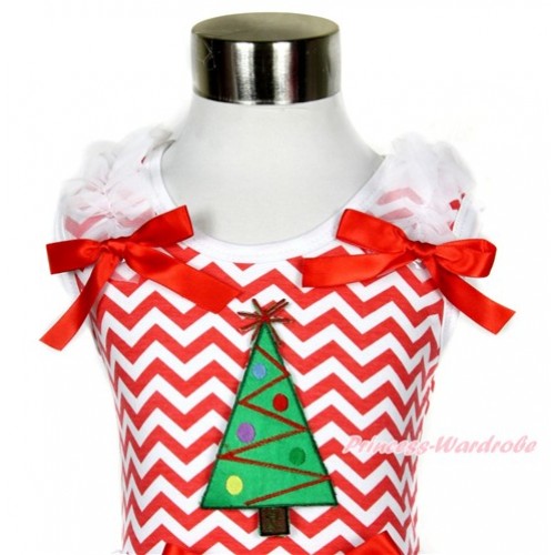 Xmas Red White Wave Tank Top With Christmas Tree Print with White Ruffles & Red Bow TP152 