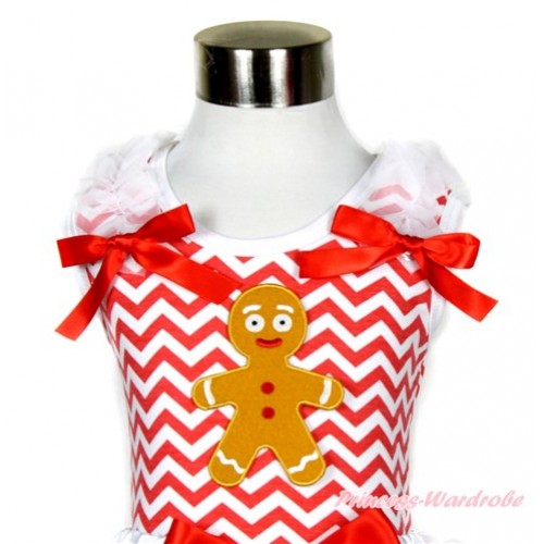Xmas Red White Wave Tank Top With Brown Gingerbread Man Print with White Ruffles & Red Bow TP153 