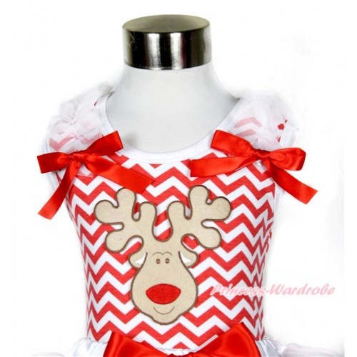 Xmas Red White Wave Tank Top With Christmas Reindeer Print with White Ruffles & Red Bow TP154 