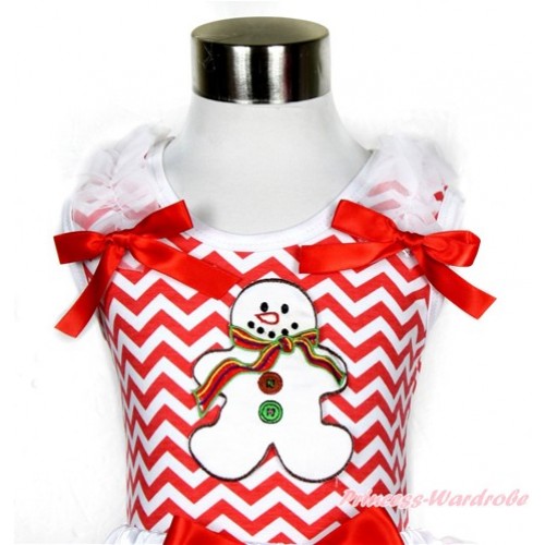 Xmas Red White Wave Tank Top With Christmas Gingerbread Snowman Print with White Ruffles & Red Bow TP155 