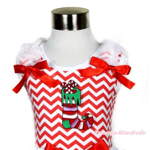 Xmas Red White Wave Tank Top With Christmas Stocking Print with White Ruffles & Red Bow TP156 