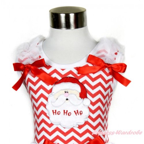 Xmas Red White Wave Tank Top With Santa Claus Print with White Ruffles & Red Bow TP157 