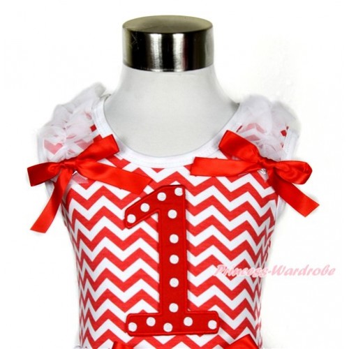 Xmas Red White Wave Tank Top With 1st Red White Dots Birthday Number Print with White Ruffles & Red Bow TP159 