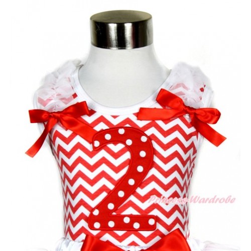 Xmas Red White Wave Tank Top With 2nd Red White Dots Birthday Number Print with White Ruffles & Red Bow TP160 