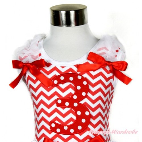 Xmas Red White Wave Tank Top With 3rd Red White Dots Birthday Number Print with White Ruffles & Red Bow TP161 