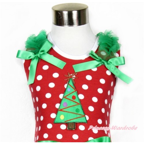 Xmas Minnie Dots Tank Top With Christmas Tree Print with Kelly Green Ruffles & Kelly Green Bow TP164 