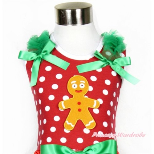 Xmas Minnie Dots Tank Top With Brown Gingerbread Man Print with Kelly Green Ruffles & Kelly Green Bow TP165 