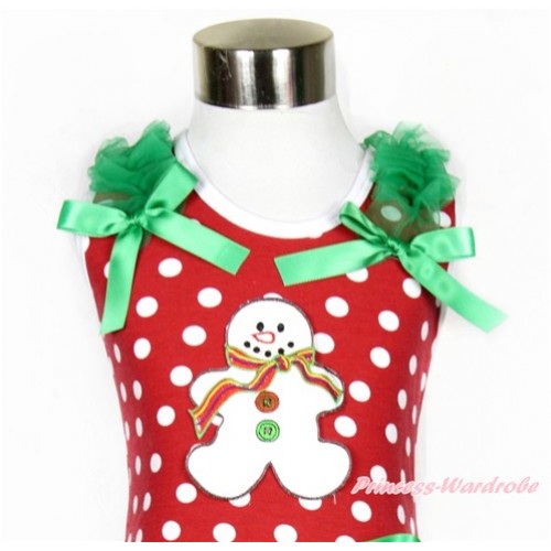 Xmas Minnie Dots Tank Top With Christmas Gingerbread Snowman Print with Kelly Green Ruffles & Kelly Green Bow TP167 