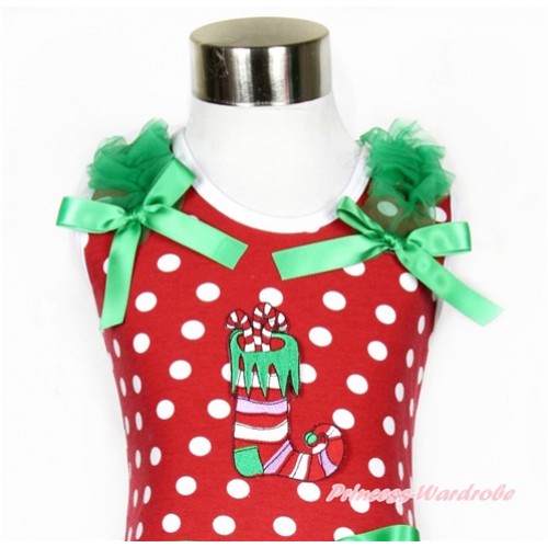 Xmas Minnie Dots Tank Top With Christmas Stocking Print with Kelly Green Ruffles & Kelly Green Bow TP168 