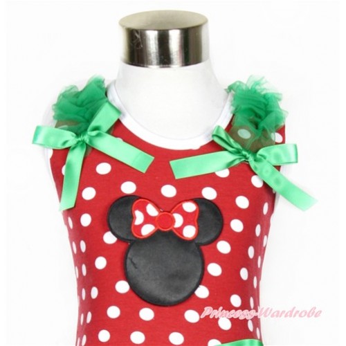 Xmas Minnie Dots Tank Top With Minnie Print with Kelly Green Ruffles & Kelly Green Bow TP172 