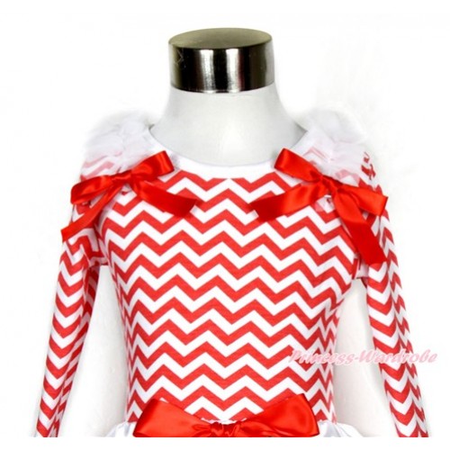 Xmas Red White Wave Long Sleeve Top with White Ruffles & Red Bow TO116 