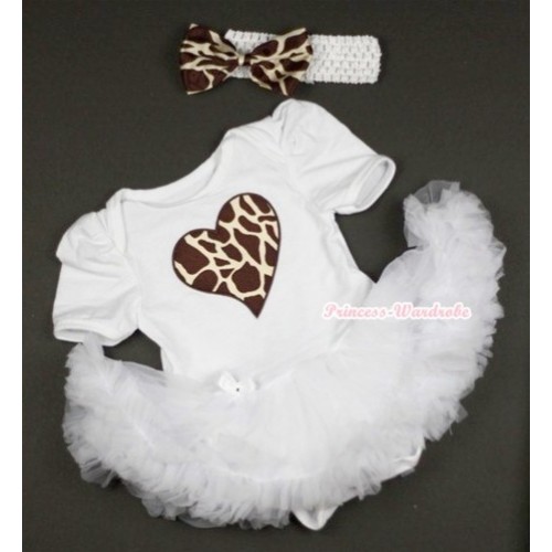 White Baby Jumpsuit White Pettiskirt With Brown Giraffe Heart Print With White Headband Giraffe Satin Bow JS415 