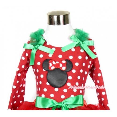 Xmas Minnie Dots Long Sleeves Top with Minnie Print With Kelly Green Ruffles & Kelly Green Bow TO105 