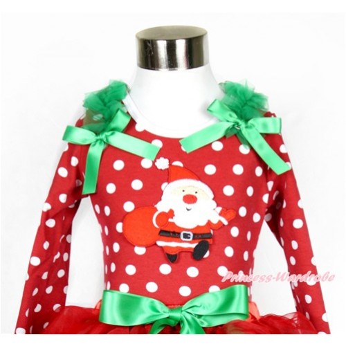 Xmas Minnie Dots Long Sleeves Top with Gift Bag Santa Claus Print With Kelly Green Ruffles & Kelly Green Bow TO106 