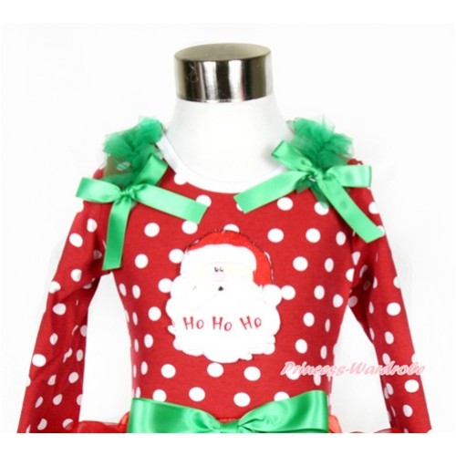 Xmas Minnie Dots Long Sleeves Top with Santa Claus Print With Kelly Green Ruffles & Kelly Green Bow TO107 