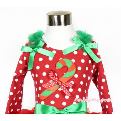 Xmas Minnie Dots Long Sleeves Top with Christmas Stick Print & Minnie Dots Bow With Kelly Green Ruffles & Kelly Green Bow TO108 
