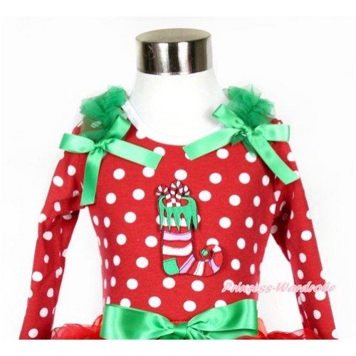 Xmas Minnie Dots Long Sleeves Top with Christmas Stocking Print With Kelly Green Ruffles & Kelly Green Bow TO109 