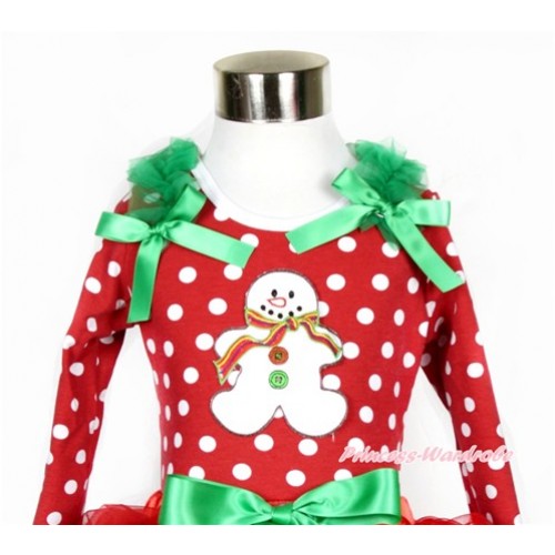 Xmas Minnie Dots Long Sleeves Top with Christmas Gingerbread Snowman Print With Kelly Green Ruffles & Kelly Green Bow TO110 