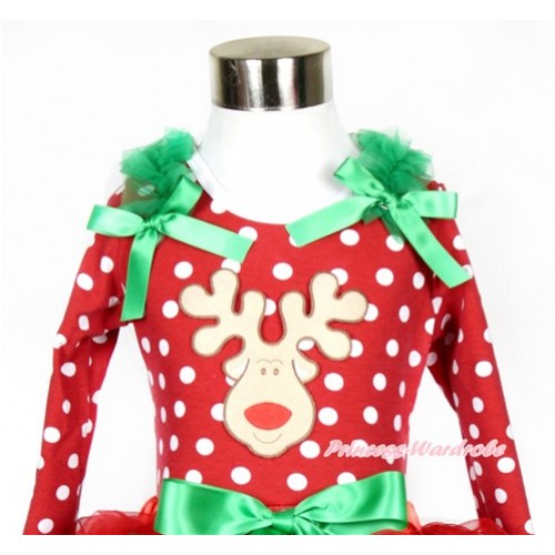 Xmas Minnie Dots Long Sleeves Top with Christmas Reindeer Print With Kelly Green Ruffles & Kelly Green Bow TO111 