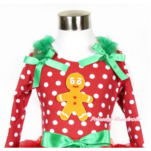 Xmas Minnie Dots Long Sleeves Top with Brown Gingerbread Man Print With Kelly Green Ruffles & Kelly Green Bow TO112 