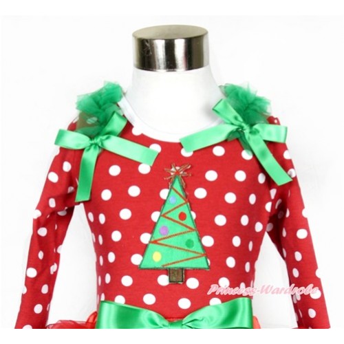 Xmas Minnie Dots Long Sleeves Top with Christmas Tree Print With Kelly Green Ruffles & Kelly Green Bow TO113 