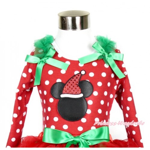 Xmas Minnie Dots Long Sleeves Top with Christmas Minnie Print With Kelly Green Ruffles & Kelly Green Bow TO114 