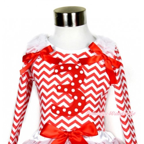 Xmas Red White Wave Long Sleeves Top with 3rd Red White Dots Birthday Number Print With White Ruffles & Red Bow TO119 