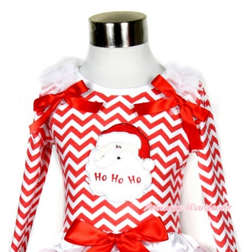 Xmas Red White Wave Long Sleeves Top with Santa Claus Print With White Ruffles & Red Bow TO121 